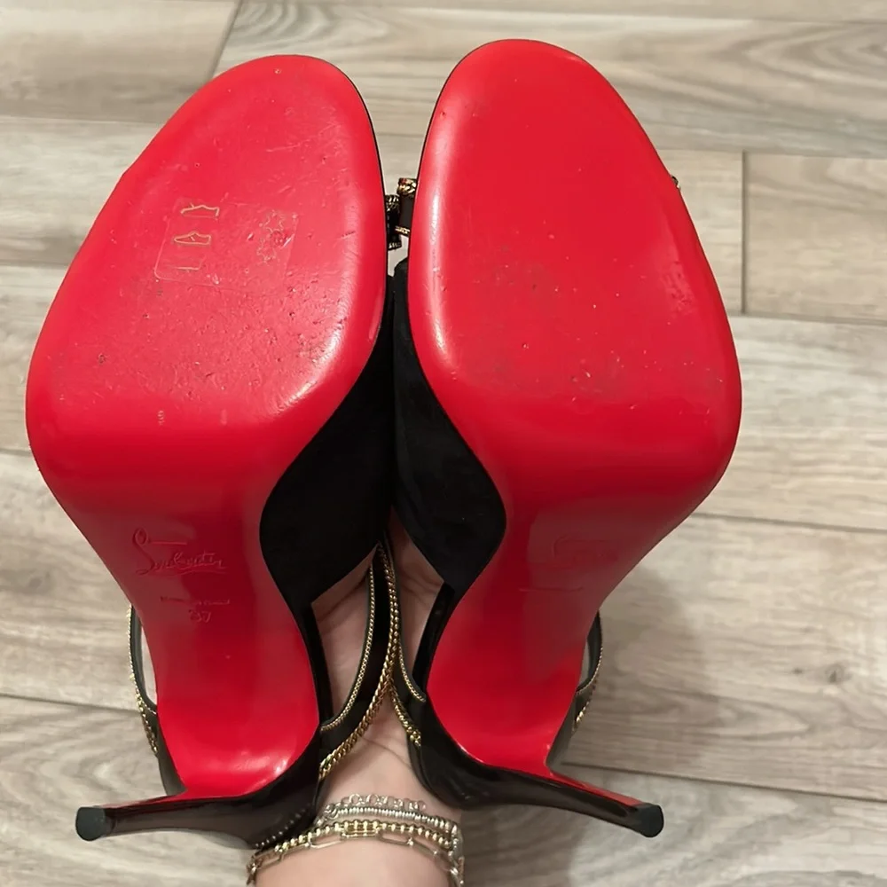 EUC Christian Louboutin Black/Gold heels Akenana 100 Jazz Calf/Suede Size 37